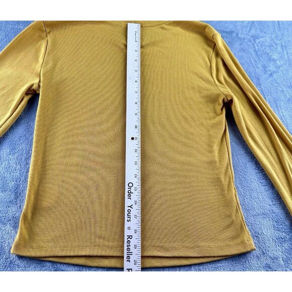 Lush Ribbed T-Shirt Top Women’s Size S Mustard Yellow Striped Cuffs Scoop Neck - Picture 7 of 16